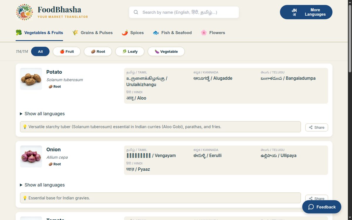 FoodBhasha, a grid of vegetables and fruits with names in Indian languages