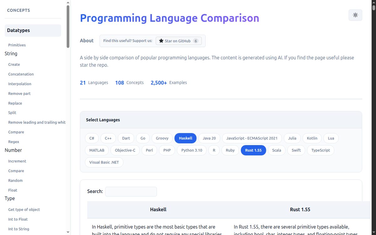 Programming Language Comparison, a table of one concept across many languages