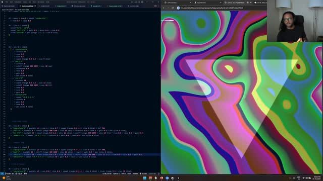 A code editor beside a colourful live shader, webcam inset in the corner