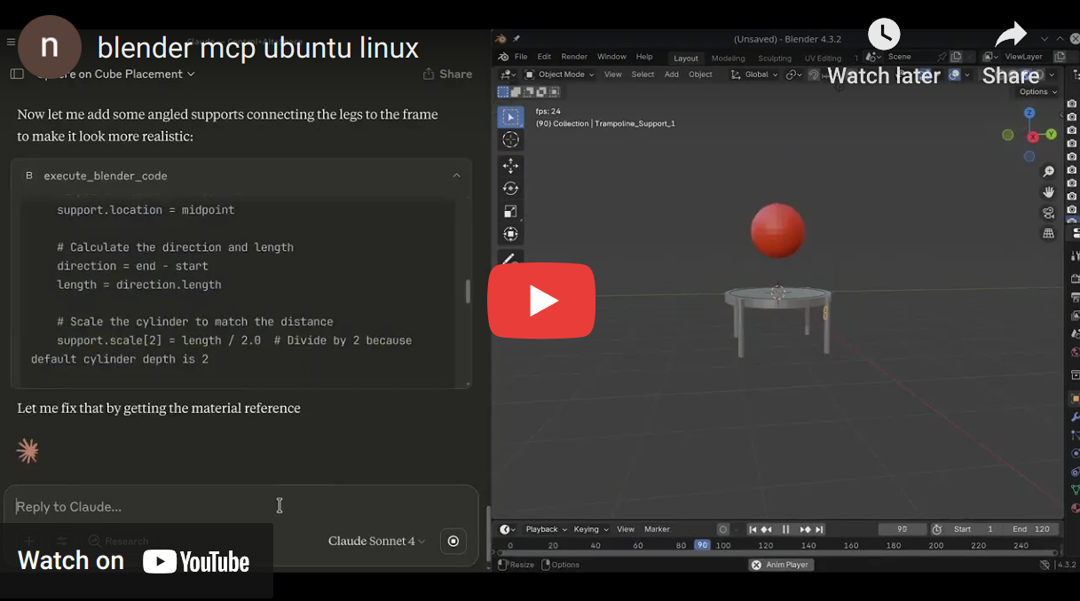 Blender MCP Ubuntu Linux demo showing Claude Desktop integration with Blender 3D software
